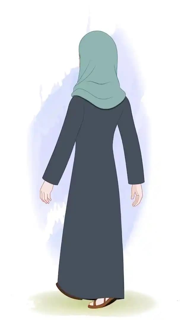 A Green Hijab female character walking in back third view animated cartoon vector AKA Alisha