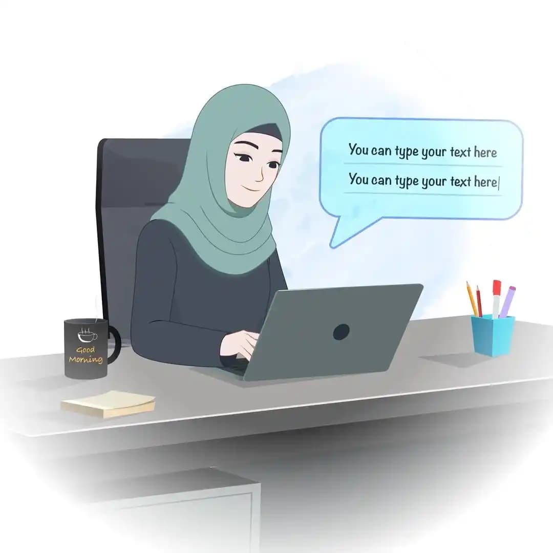 A Green Hijab female character working on laptop animated cartoon vector AKA Alisha