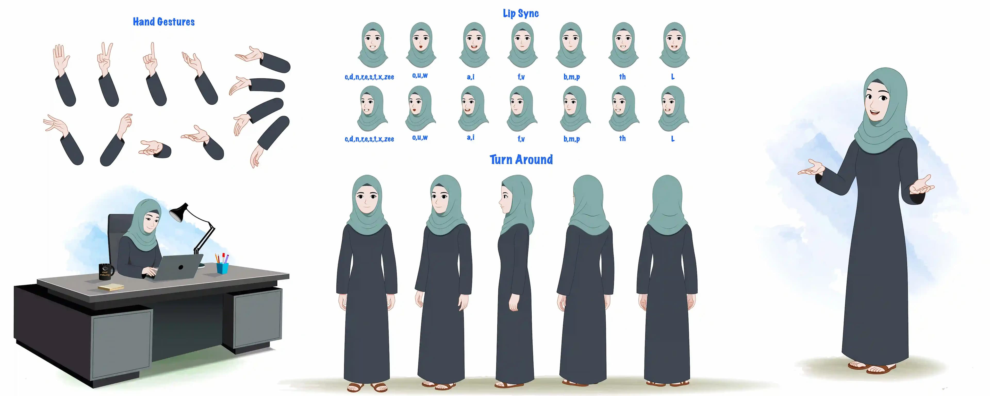 A Green hijab female character model sheet and cartoon construction design set for animation AKA Alisha