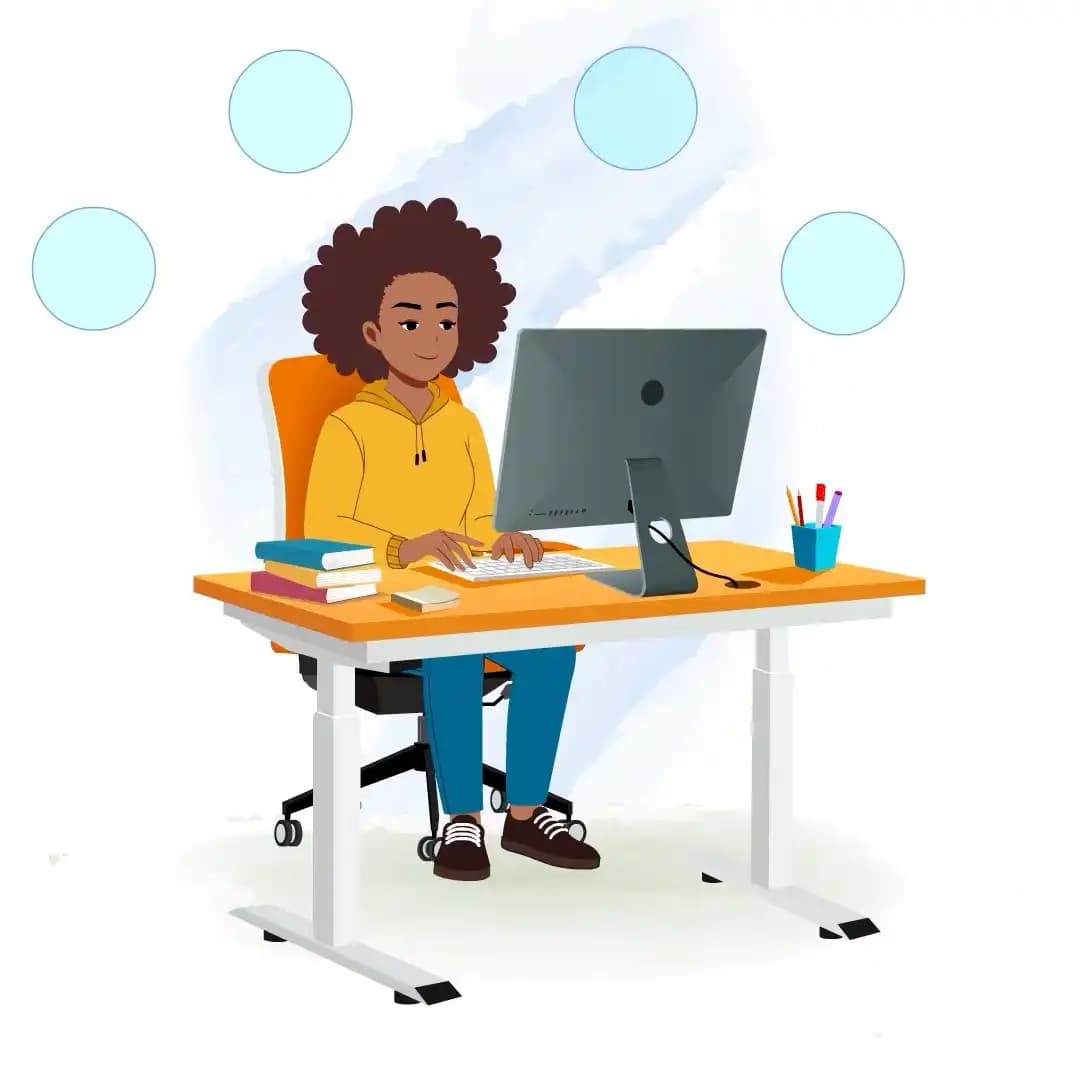 African girl working on desktop computer at office desk animated vector cartoon character AKA Phebee