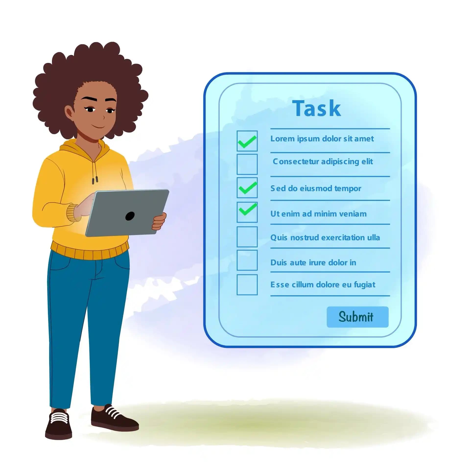 African girl using tablet with task checklist animated vector cartoon character aka phebee