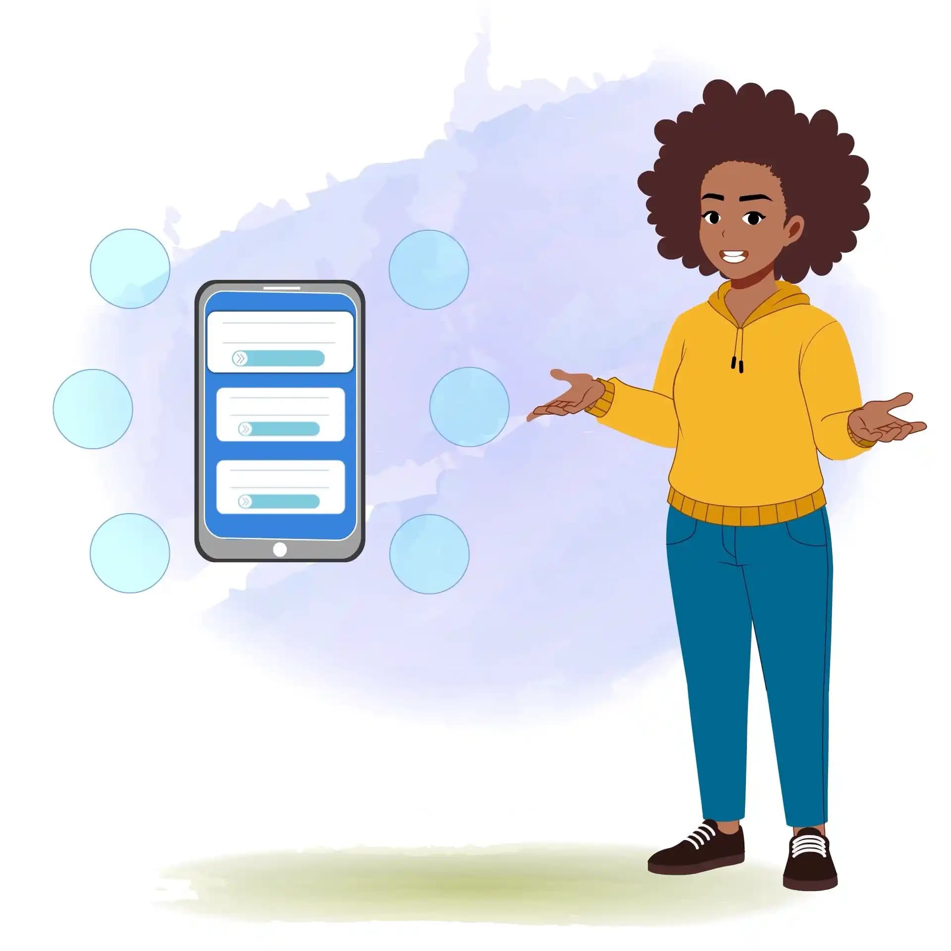 African girl explaining with mobile phone animated vector cartoon character AKA Phebee