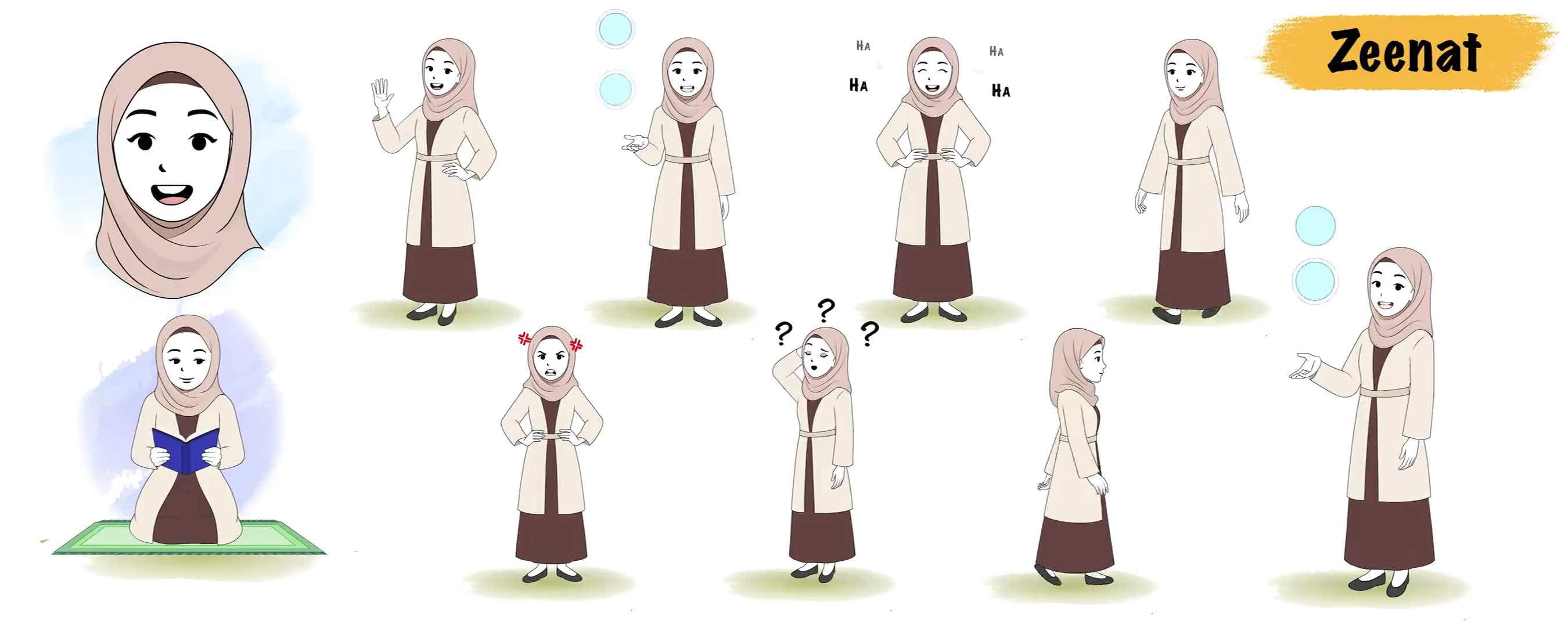 Female Hijab character animated model sheet cartoon vector
