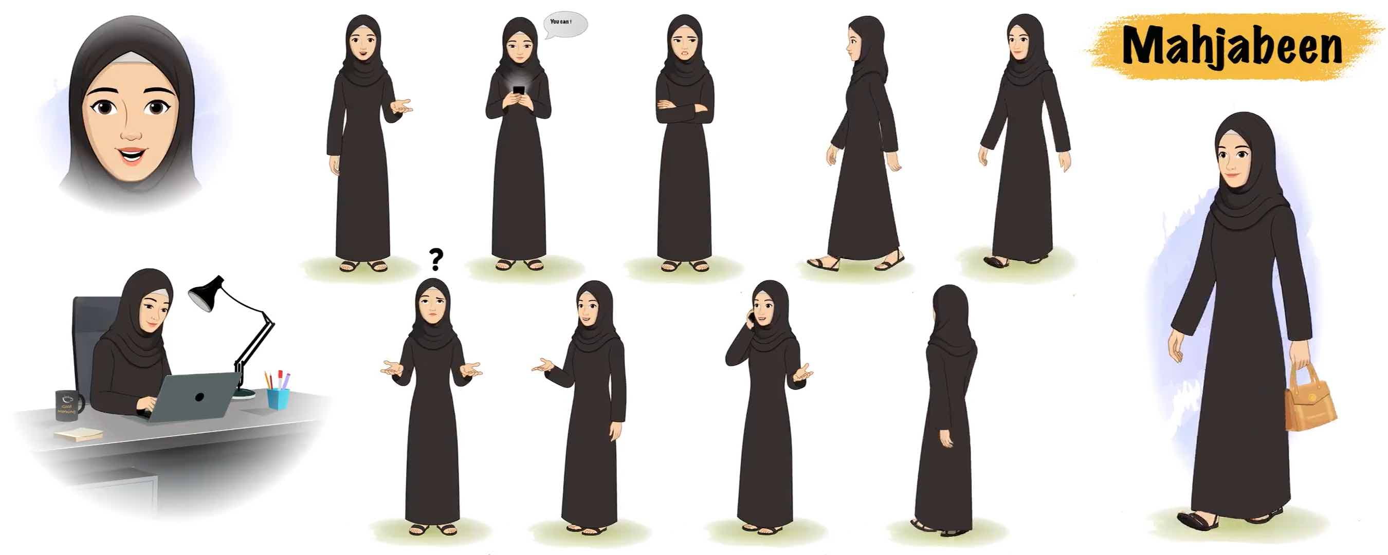 Female arabic in black hijab animated vector cartoon model sheet