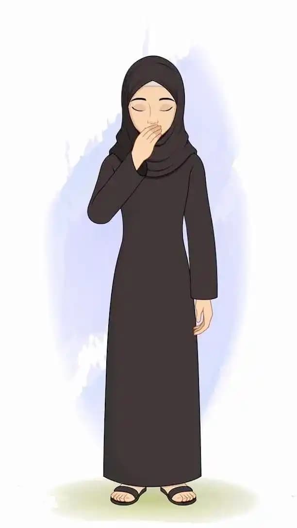 A female arabic character in black hijab doing aadab animated cartoon vector AKA Mahjabeen