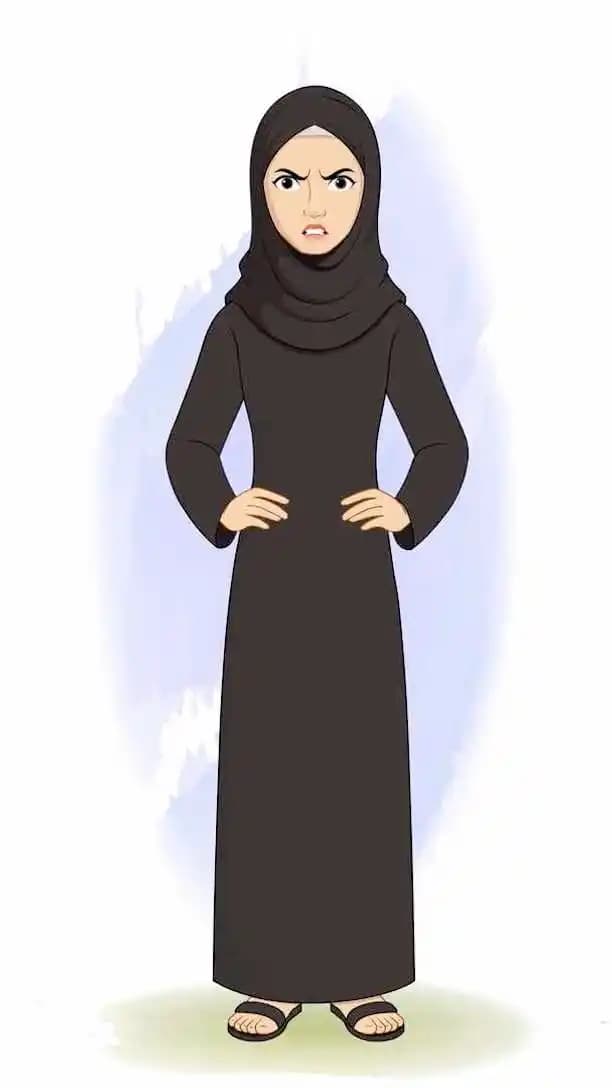 An angry female arabic character in black hijab animated cartoon vector AKA Mahjabeen