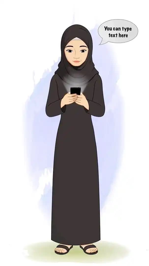A female arabic character in black hijab using mobile animated cartoon vector AKA Mahjabeen