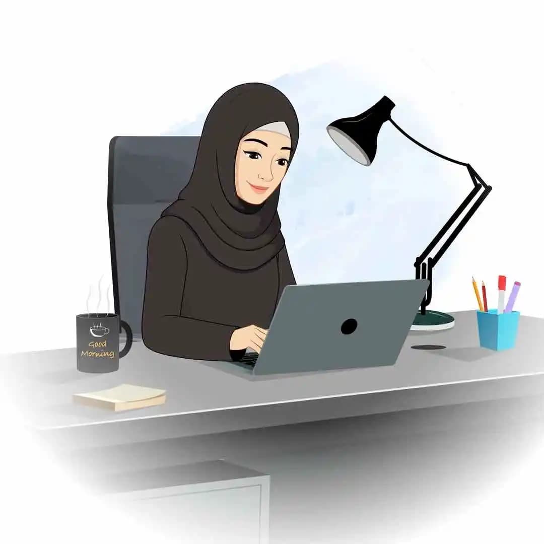 A female arabic character in black hijab working on laptop animated cartoon vector AKA Mahjabeen