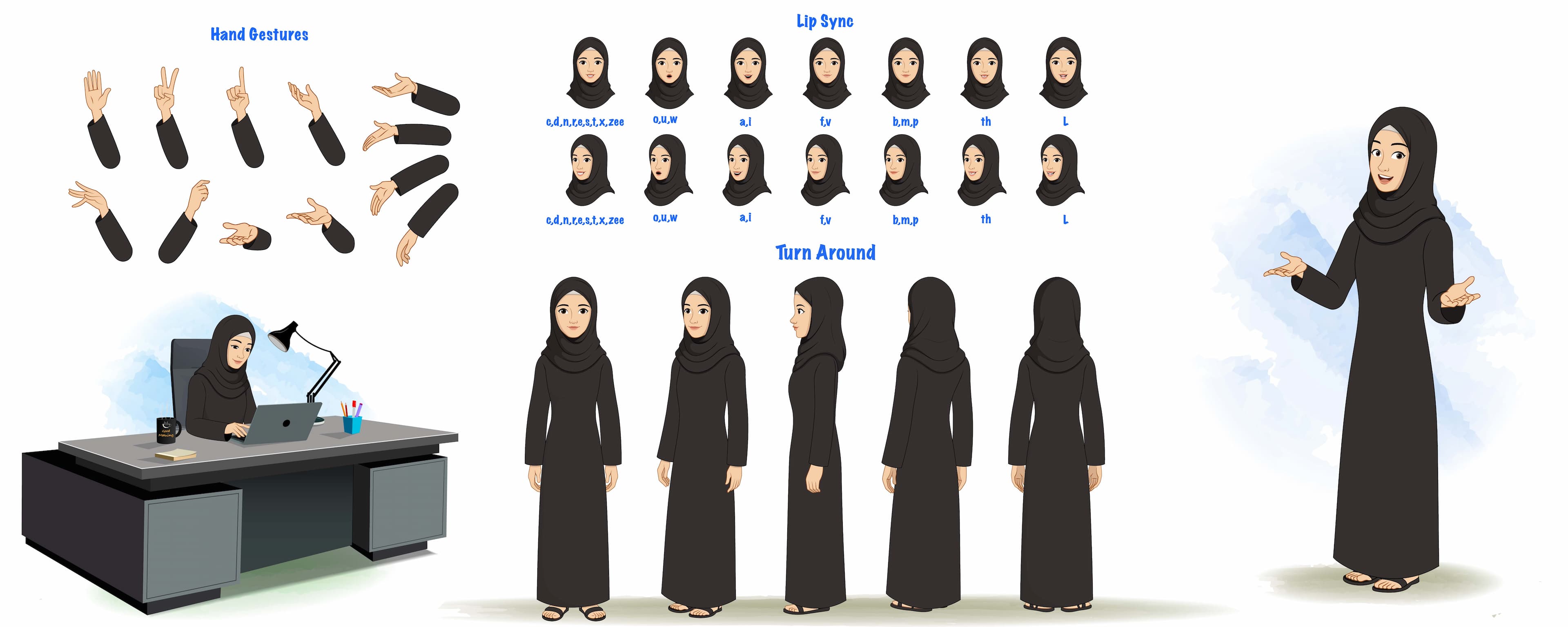 A female arabic character in black hijab character model sheet and cartoon construction design set AKA Mahjabeen