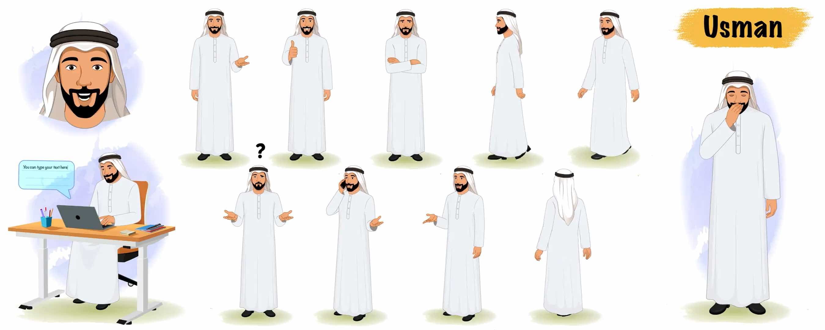 2d animated arab sheikh businessman model sheet vector cartoon character