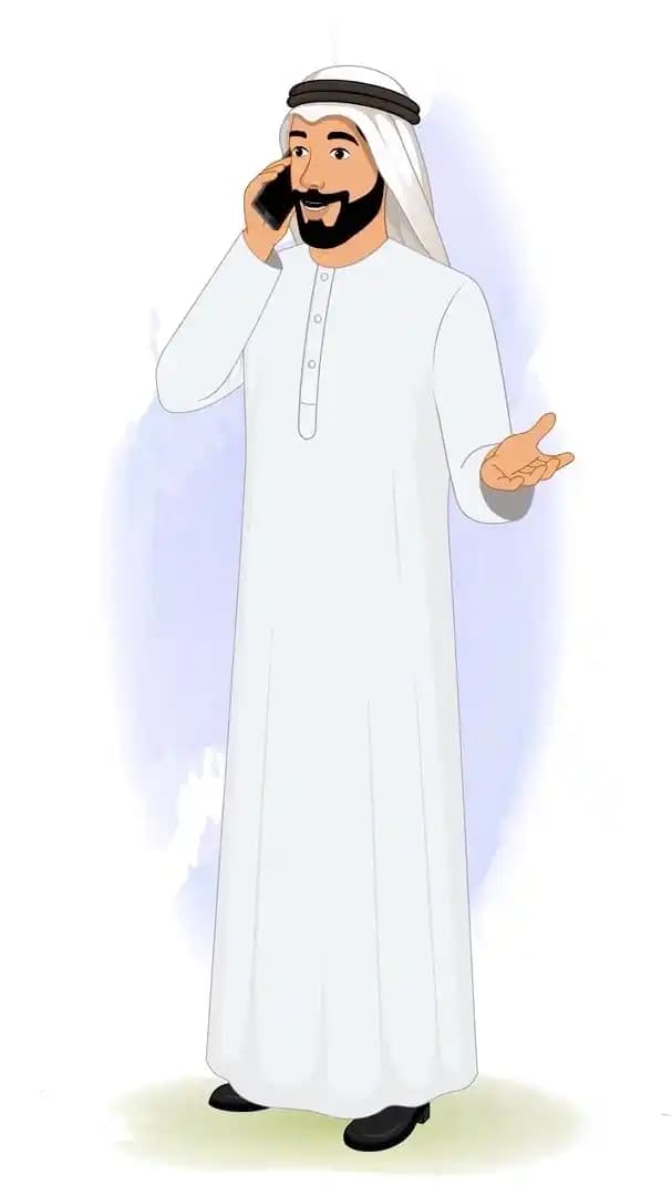 A 2d animated arab sheikh businessman talking on phone vector cartoon character AKA Usman