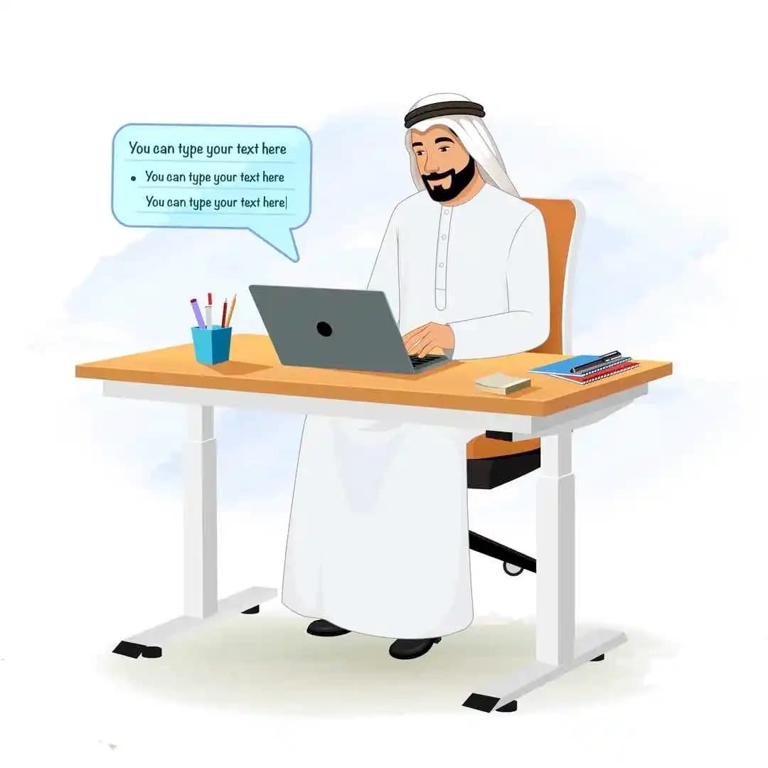 A 2d animated arab sheikh businessman working on laptop vector cartoon character AKA Usman