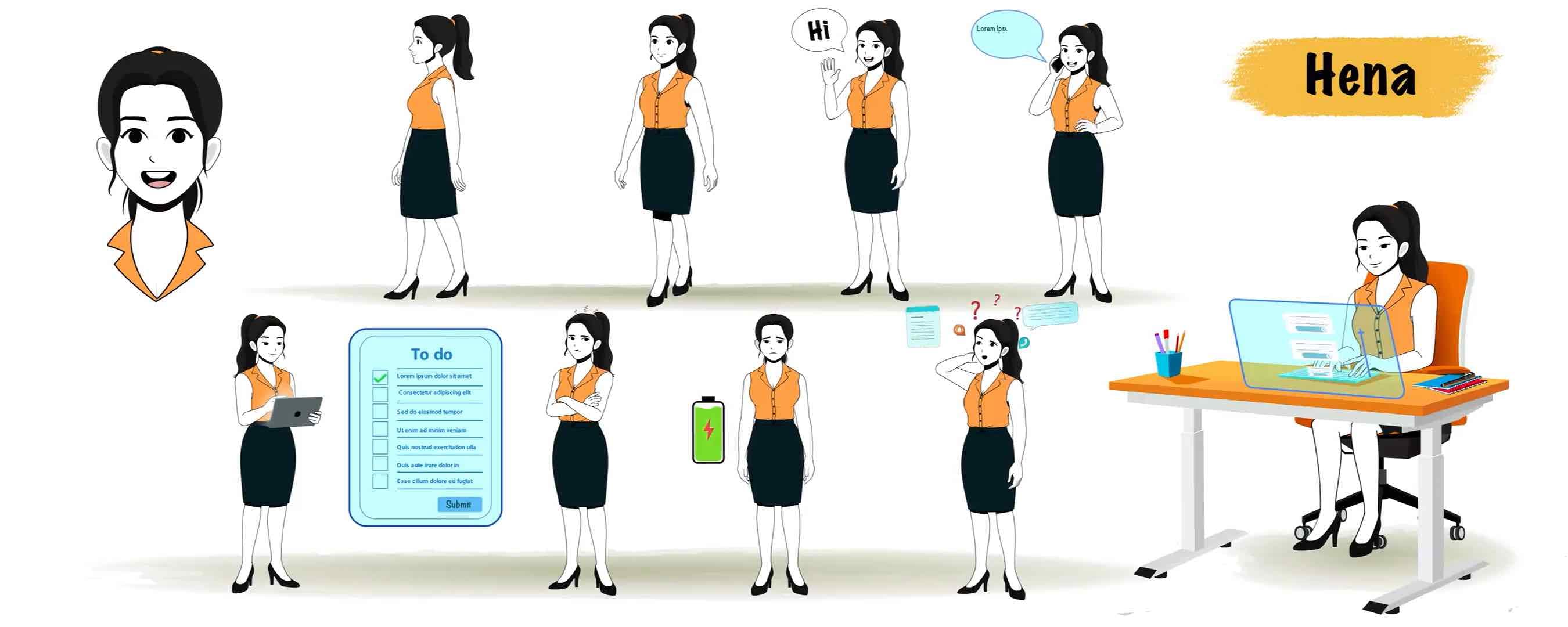 Businesswoman explainer character animated vector cartoon character model sheet AKA Hena