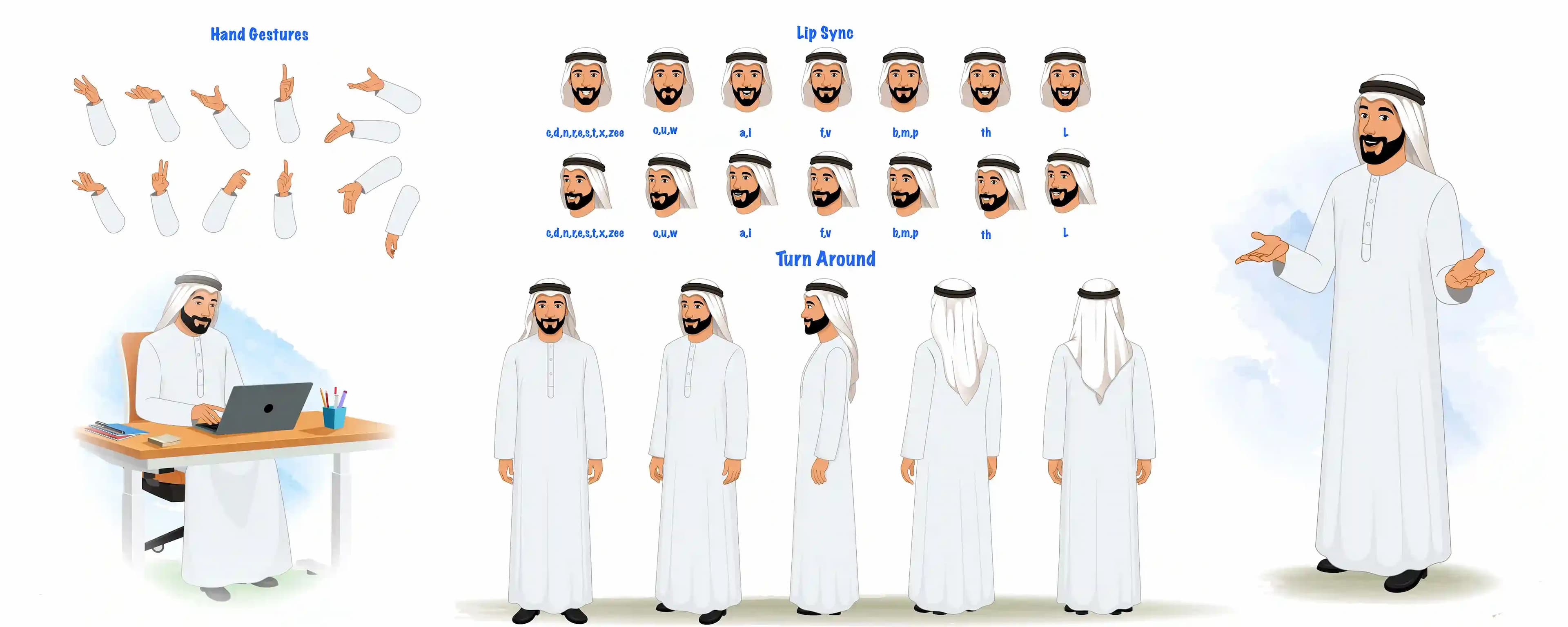 2d Arab sheikh businessman character model sheet construction design set for animation AKA Usman