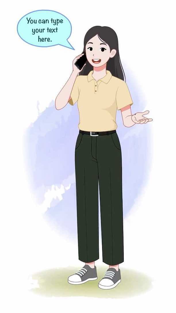 Young girl talking on mobile animated vector cartoon character