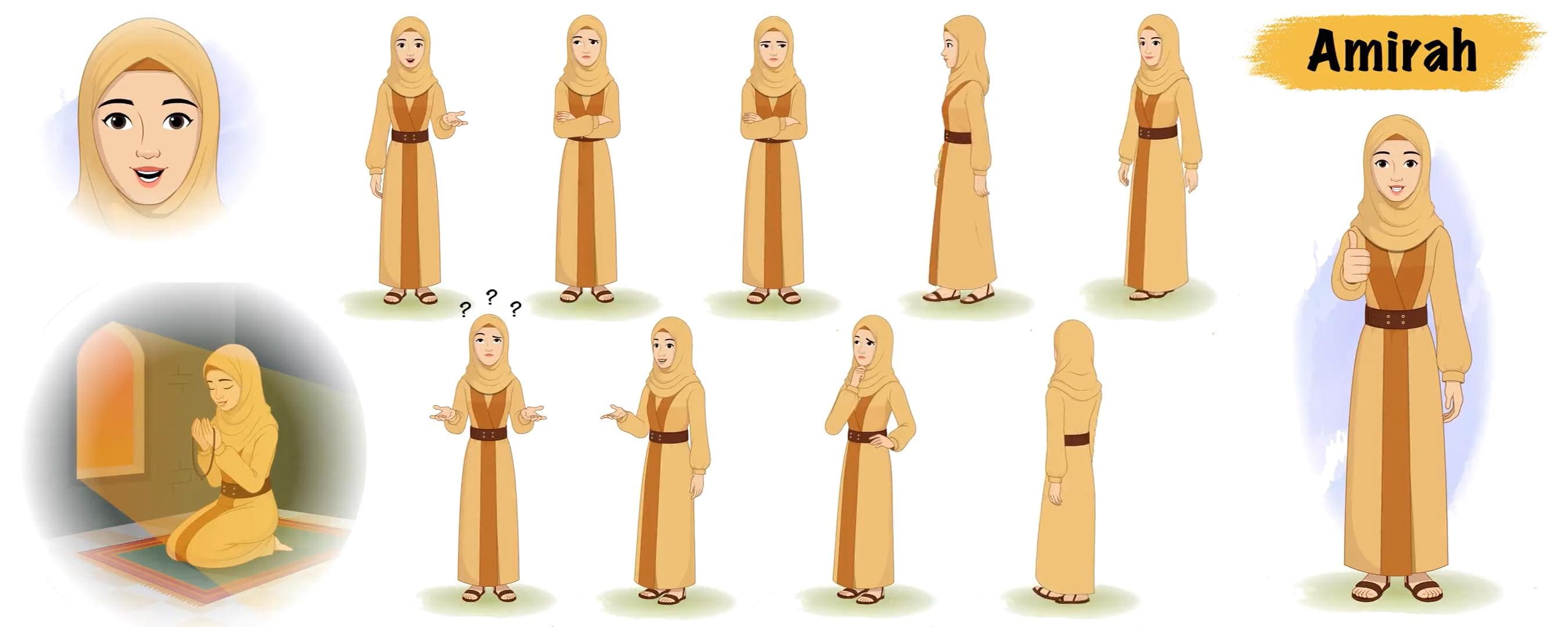 Middle eastern hijab woman animated vector cartoon model sheet