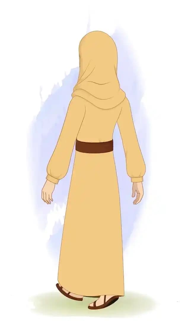 A middle eastern hijab woman walking in back third view animated vector cartoon character AKA Amirah