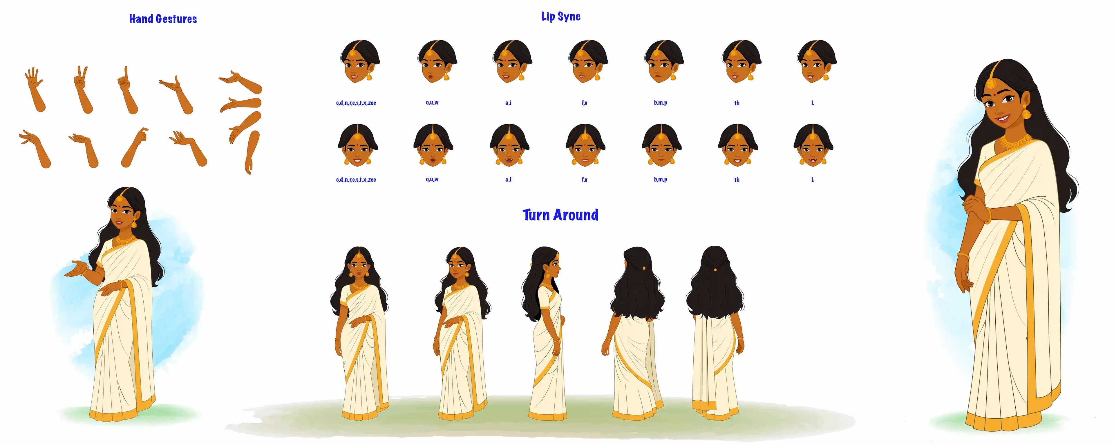 Indian Woman in saree cartoon vector model sheet & character construction design set for animation AKA Saanvi