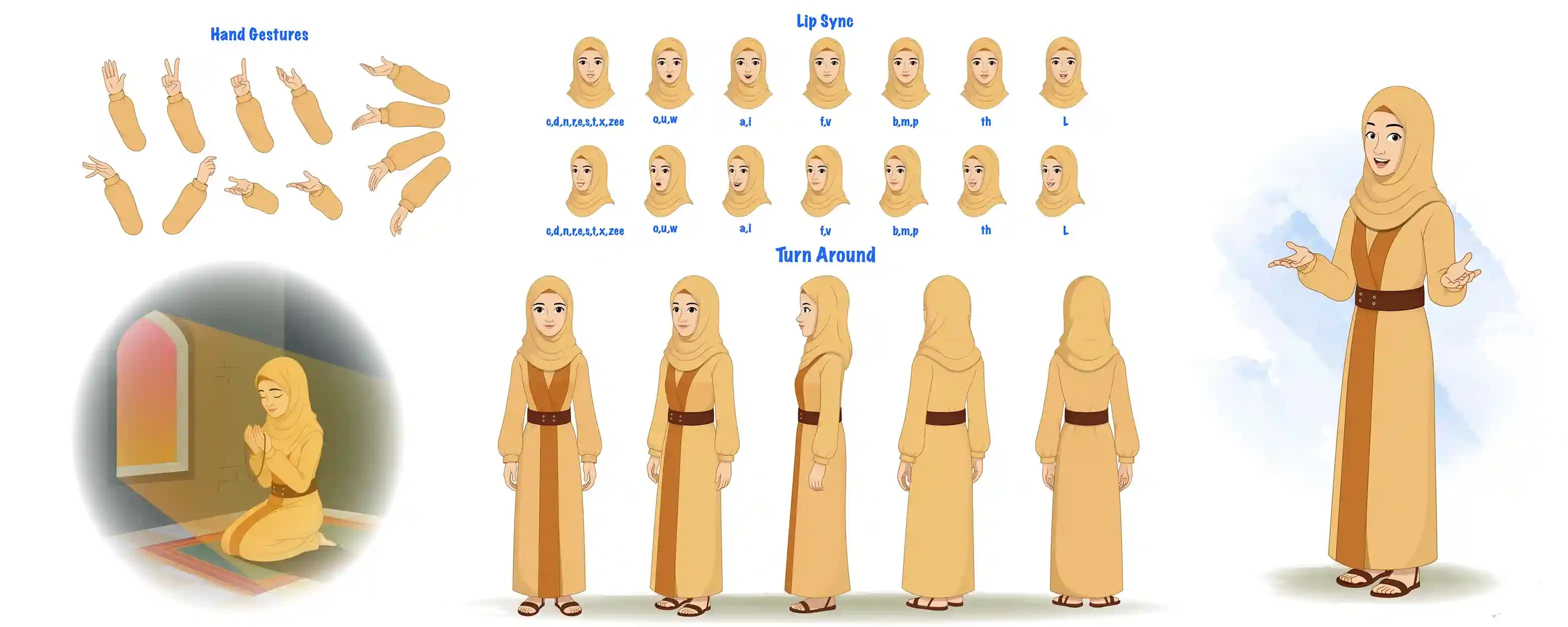 A middle eastern hijab woman cartoon vector model sheet & character construction design set AKA Amirah