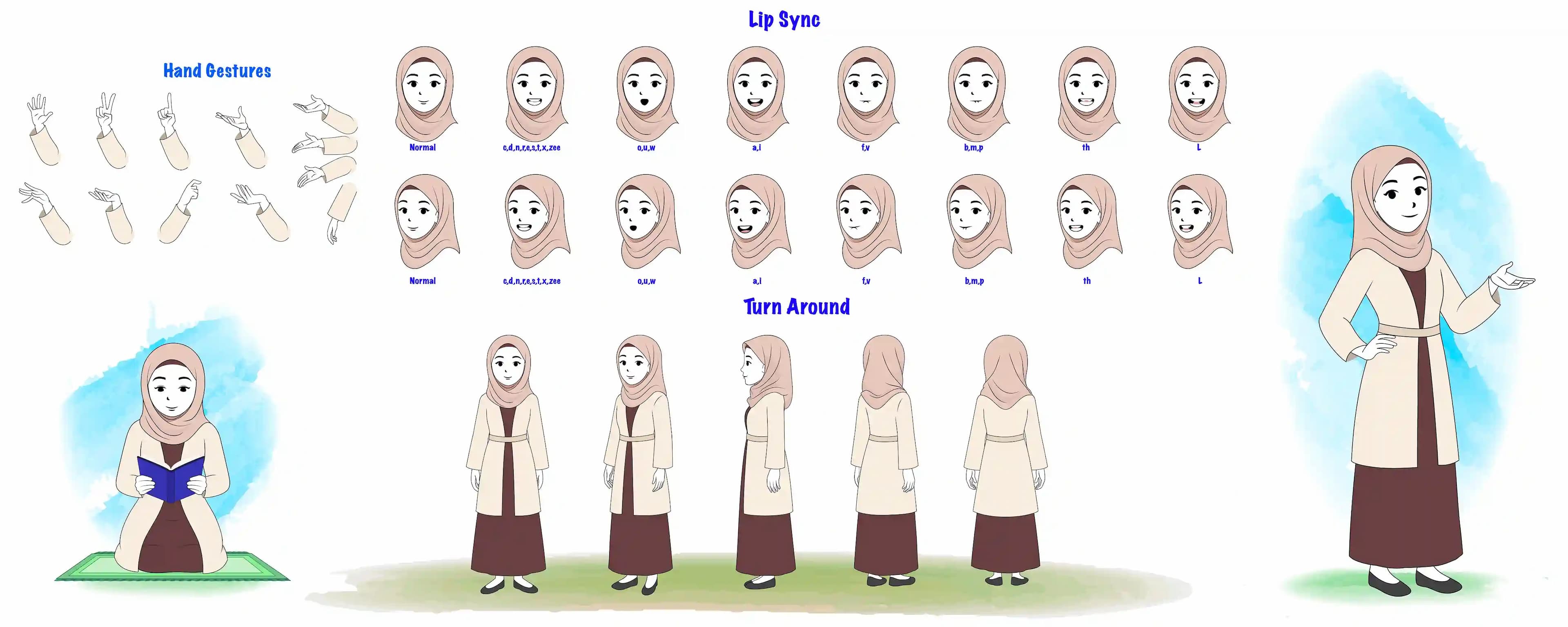 Female hijab character cartoon model sheet vector & character construction design set for animation AKA Zeenat