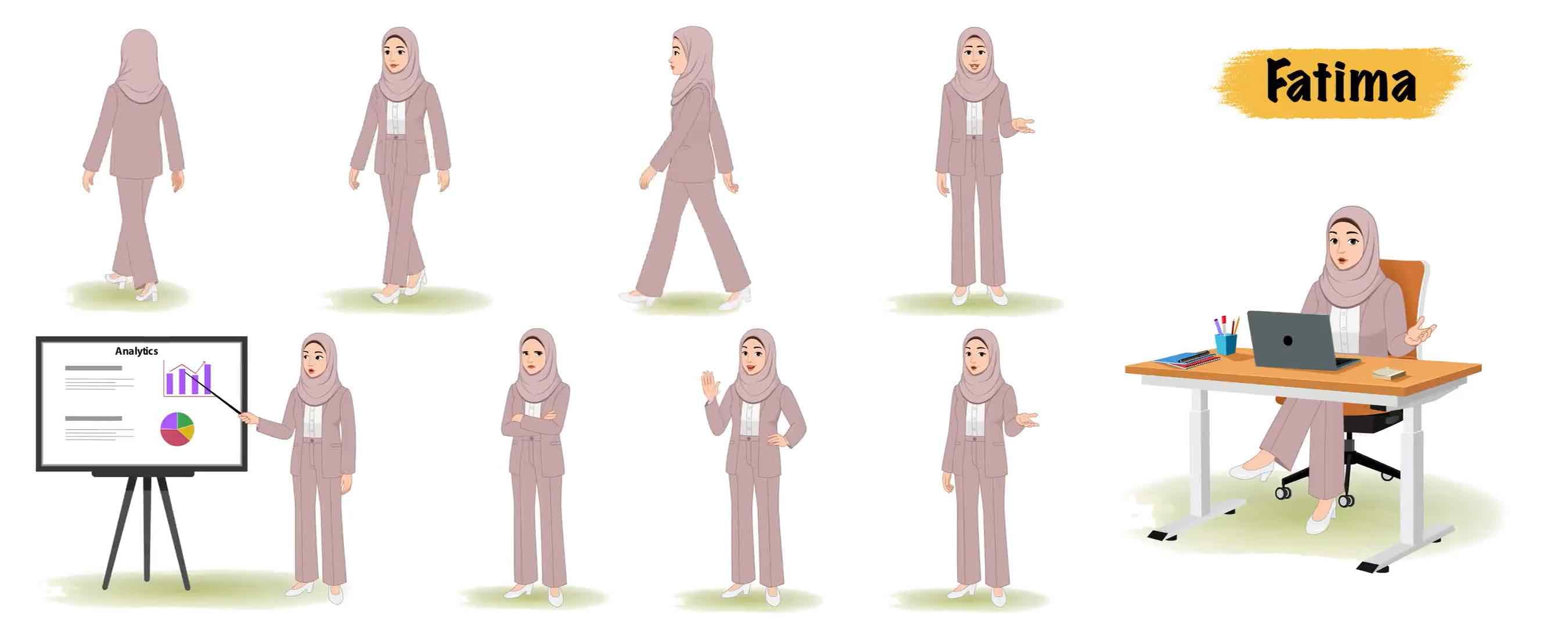 Female muslim arab character animated vector character model sheet