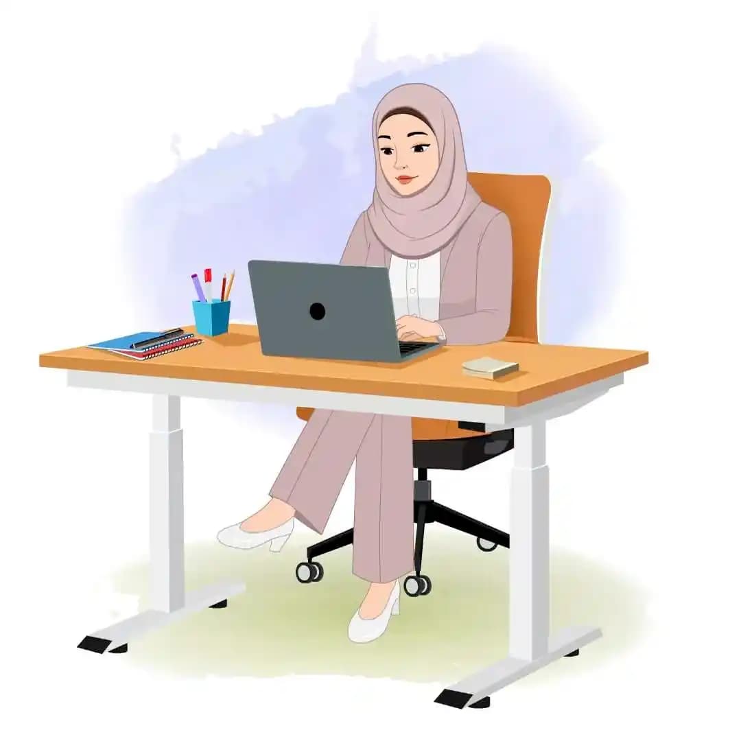 A female muslim arab character animation working on laptop cartoon vector AKA Fatima