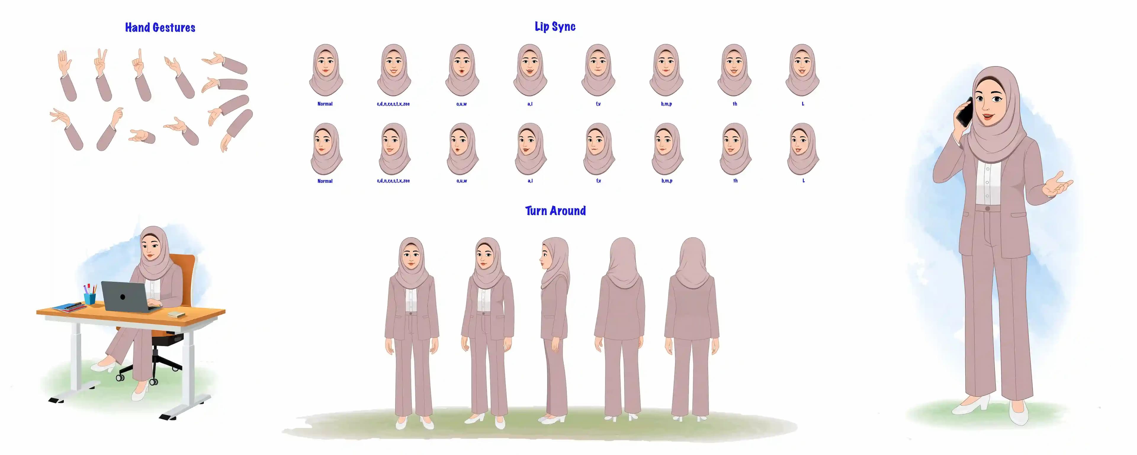 A female muslim arab character model sheet & cartoon vector construction set AKA Fatima