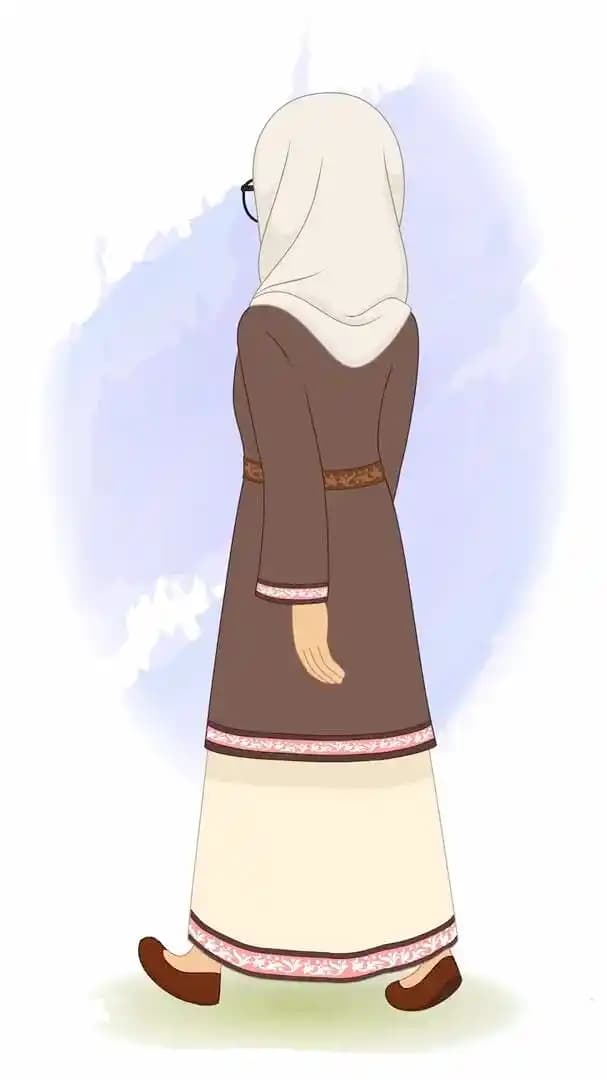 A muslim woman walking in back third view animated vector cartoon character AKA Fatima