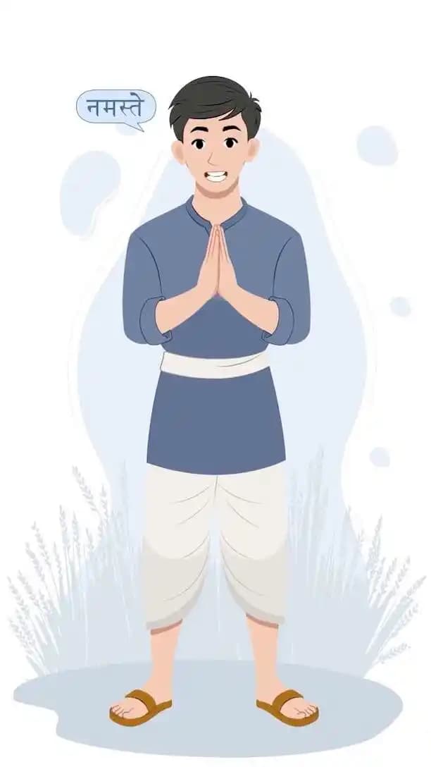 A 2d young Indian farmer character doing namaste animated vector AKA Chandan