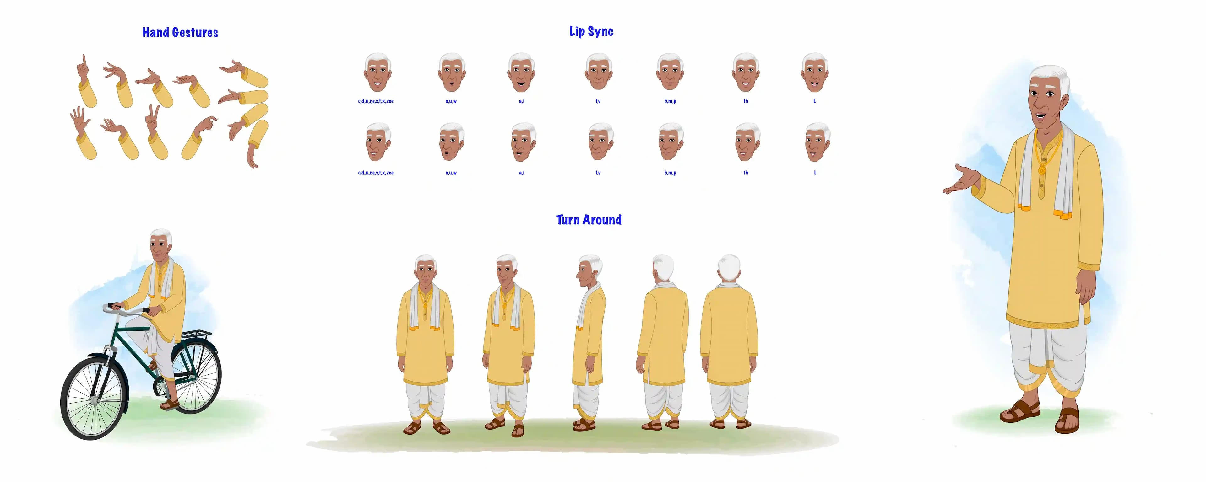 Indian man village doctor cartoon vector model sheet & character construction design set AKA Kamal Singh