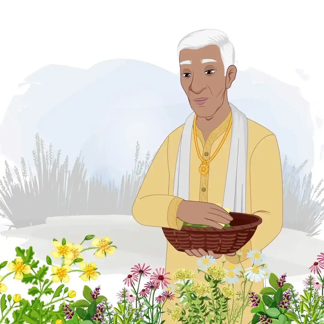 An Indian man village doctor collecting flowers & herbs animation vector AKA Kamal Singh