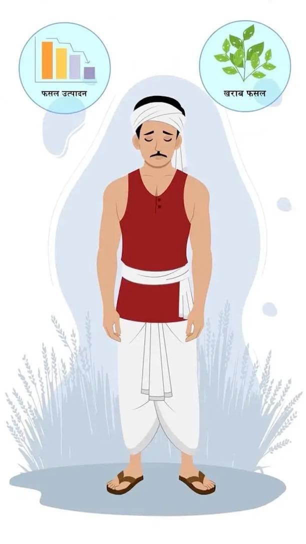 Animated Indian farmer cartoon in sad pose, wearing red t-shirt and white dhoti with moustache and turban — editable 2D vector for rural, desi, and cultural projects