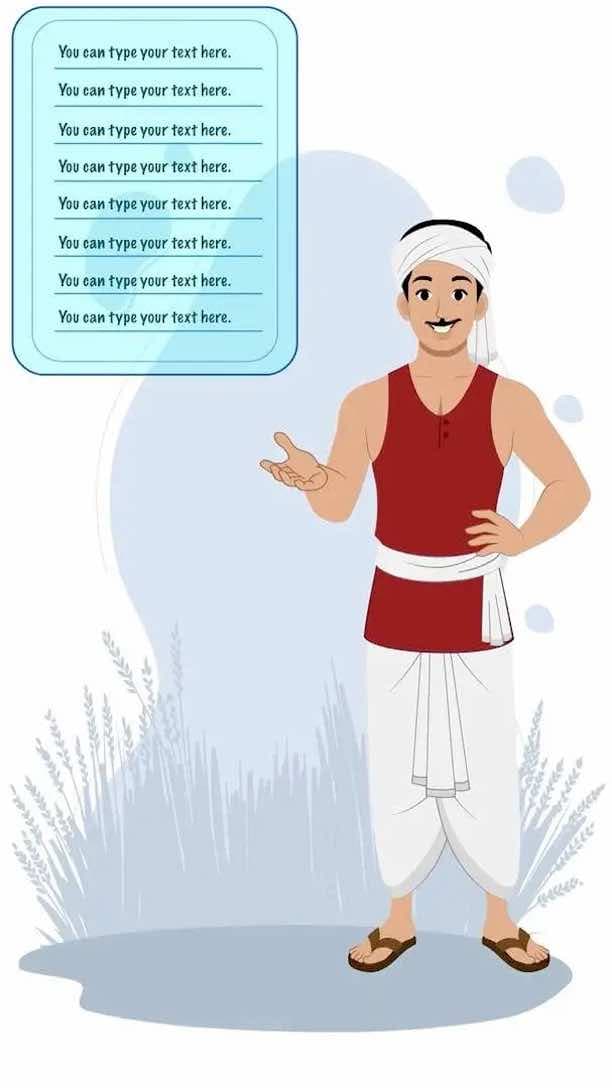 Animated Indian farmer cartoon character in front talking pose, wearing red t-shirt and white dhoti with turban and moustache — editable 2D vector for rural, desi, and cultural projects