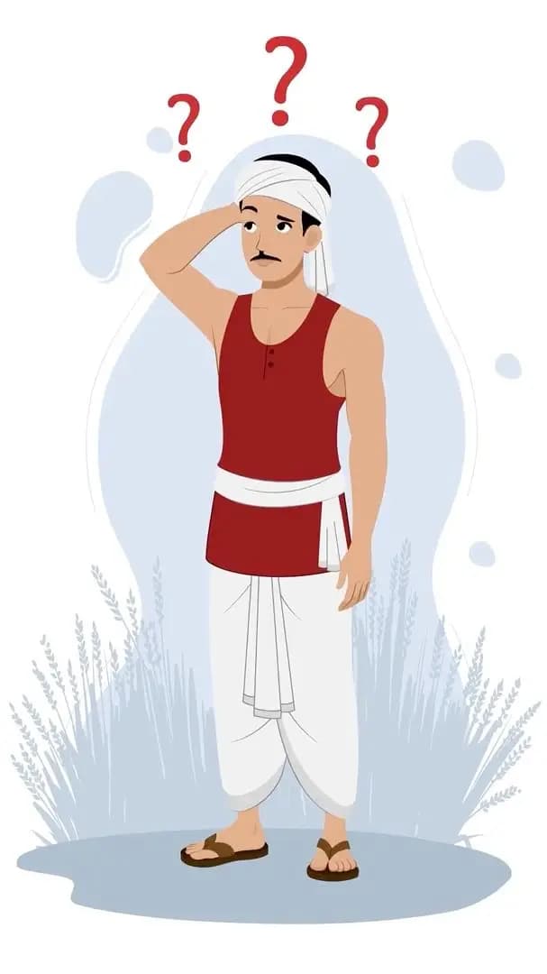 Animated Indian farmer cartoon in confused pose, wearing red t-shirt and white dhoti with turban and moustache — editable 2D vector for rural, agriculture, and desi projects