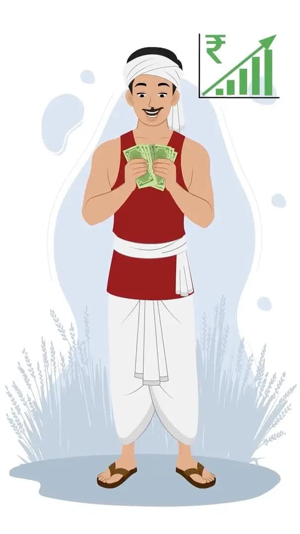 Animated Indian farmer cartoon counting money, wearing red t-shirt and white dhoti with turban and moustache — editable 2D vector for rural, finance, and agriculture projects