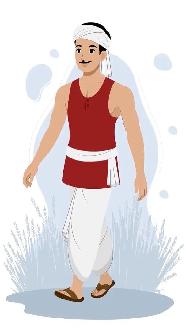 Animated Indian farmer cartoon walking in one-third side pose, wearing red t-shirt and white dhoti with turban and moustache — editable 2D vector for rural, desi, and agriculture projects