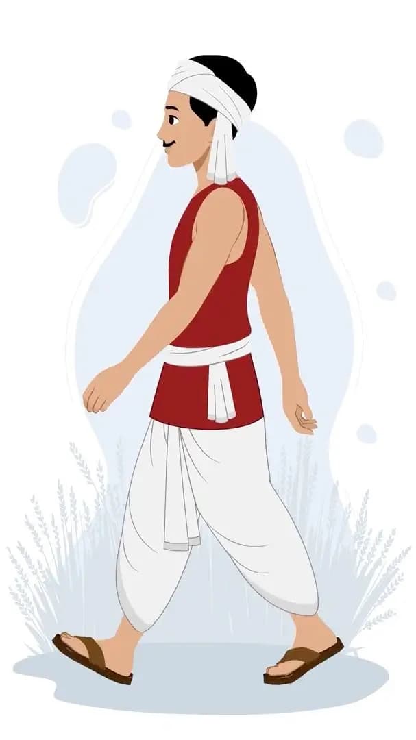 Animated Indian farmer cartoon walking in side view, wearing red t-shirt and white dhoti with turban and moustache — editable 2D vector for rural, agriculture, and desi projects