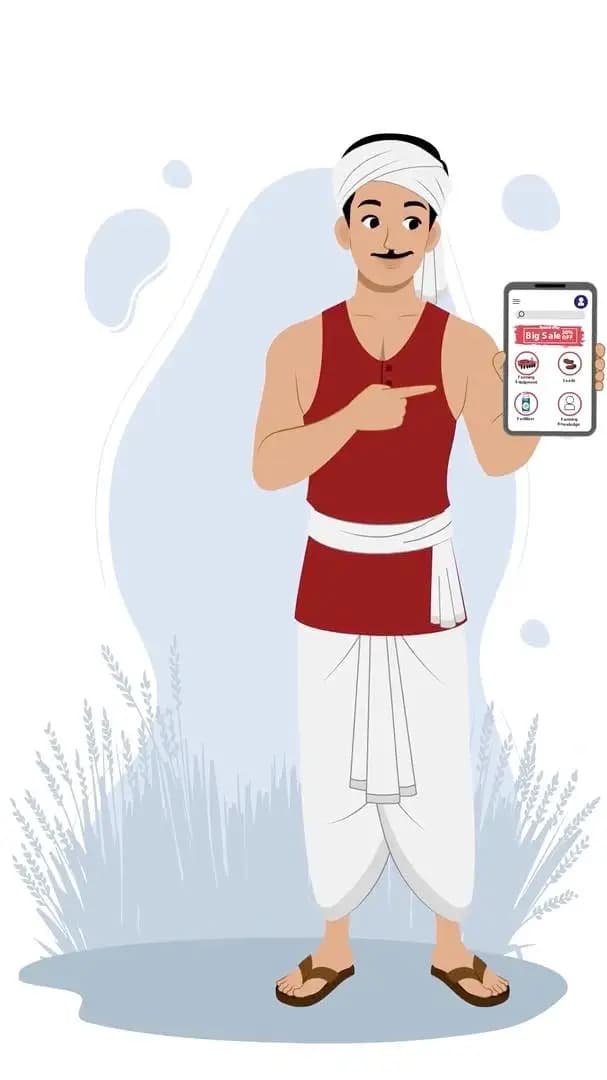 Animated Indian farmer cartoon character explaining agriculture mobile app, wearing red t-shirt and white dhoti with turban and moustache — editable 2D vector for rural, farming, and desi tech projects
