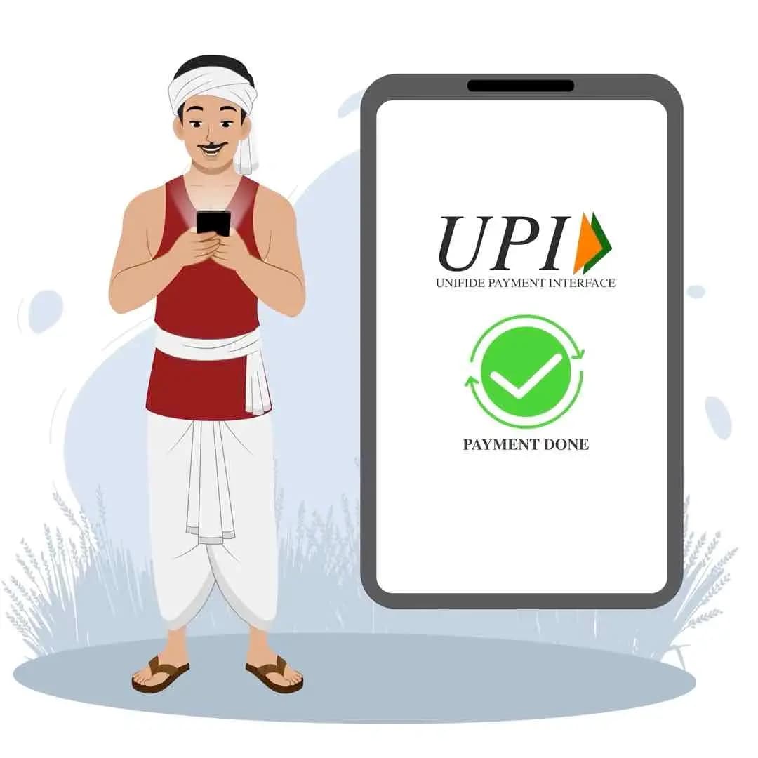Animated Indian farmer cartoon making online payment on mobile, wearing red t-shirt and white dhoti with turban and moustache — editable 2D vector for digital, rural, and desi projects