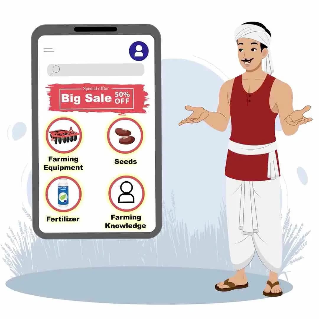 Animated Indian farmer cartoon explaining a big sale offer, wearing red t-shirt and white dhoti with turban and moustache — editable 2D vector for rural, agriculture, and marketing projects