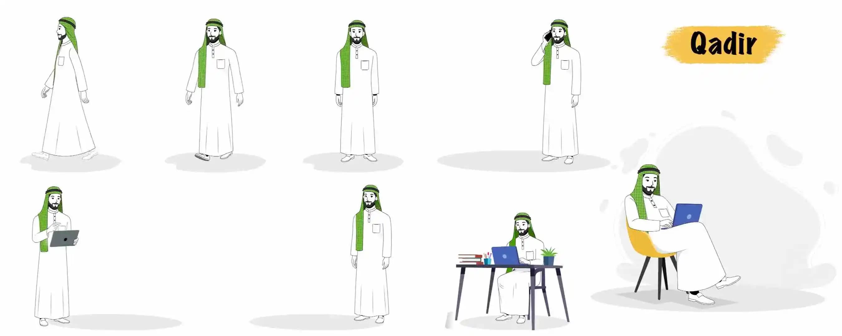 Arab sheikh Qadir animated vector cartoon Character model sheet AKA Qadir