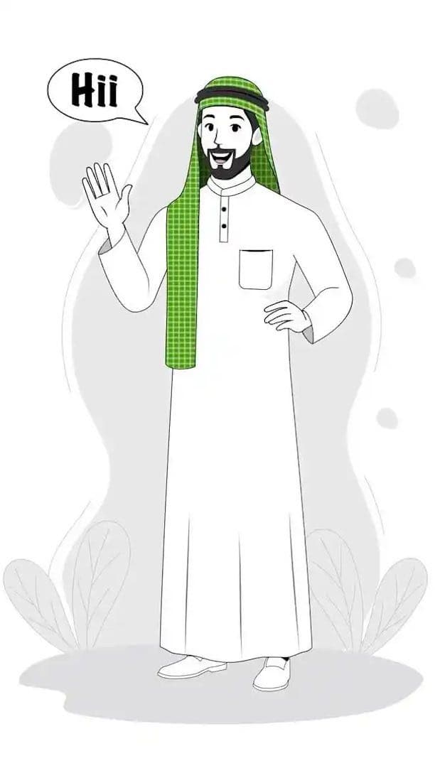Arab Sheikh cartoon character greeting with hand raised saying hi