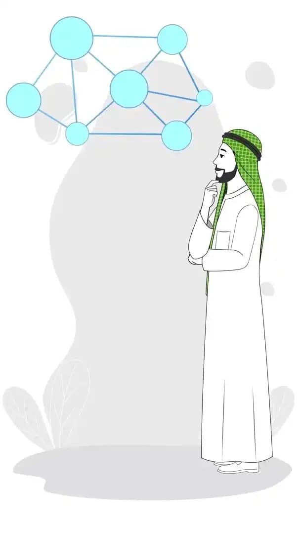 Arab Sheikh cartoon character thinking side pose with concept network
