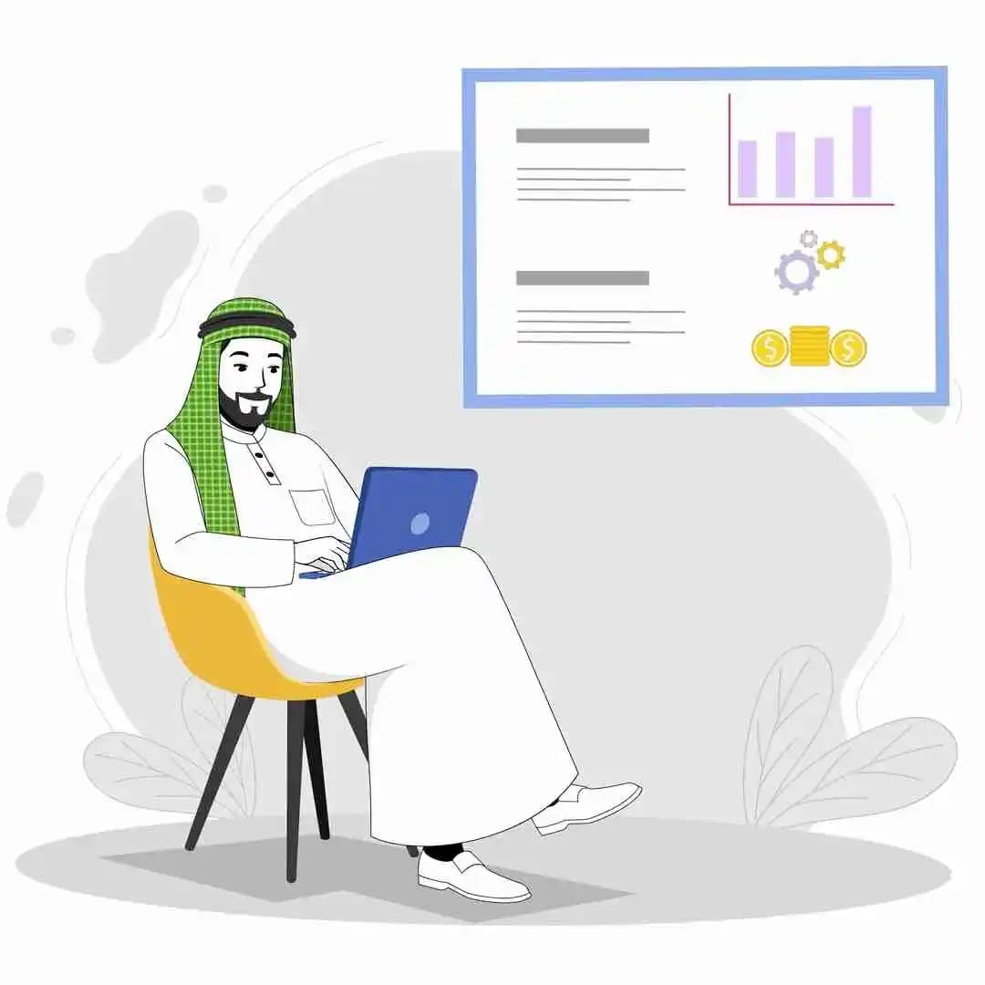 Arab Sheikh cartoon character sitting with laptop in relaxed working pose