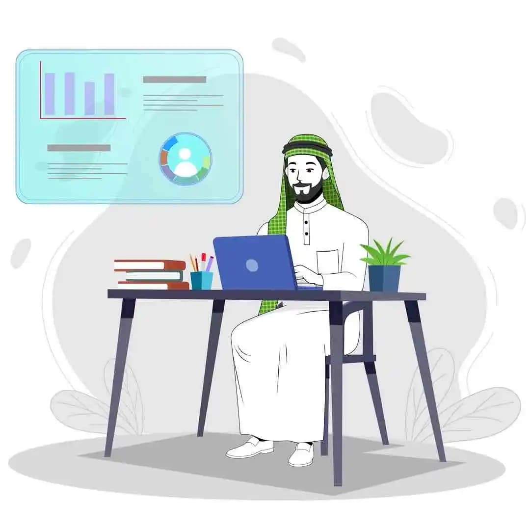 Arab Sheikh cartoon character working on laptop in office