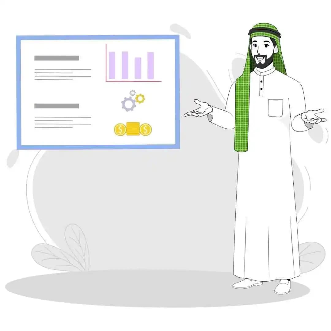 Arab Sheikh cartoon character explaining presentation board