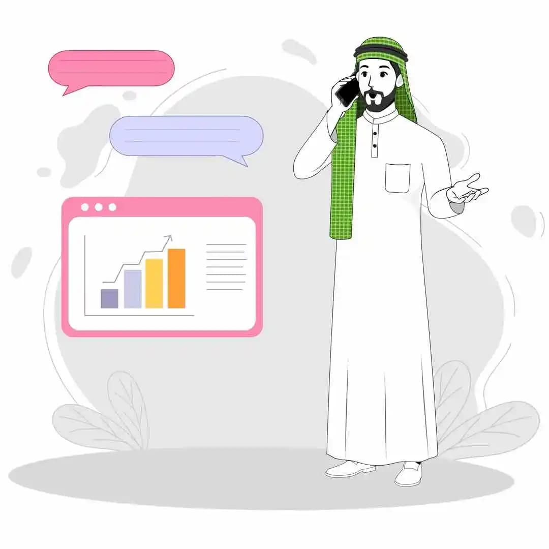 Arab Sheikh cartoon character talking on phone near analytics board