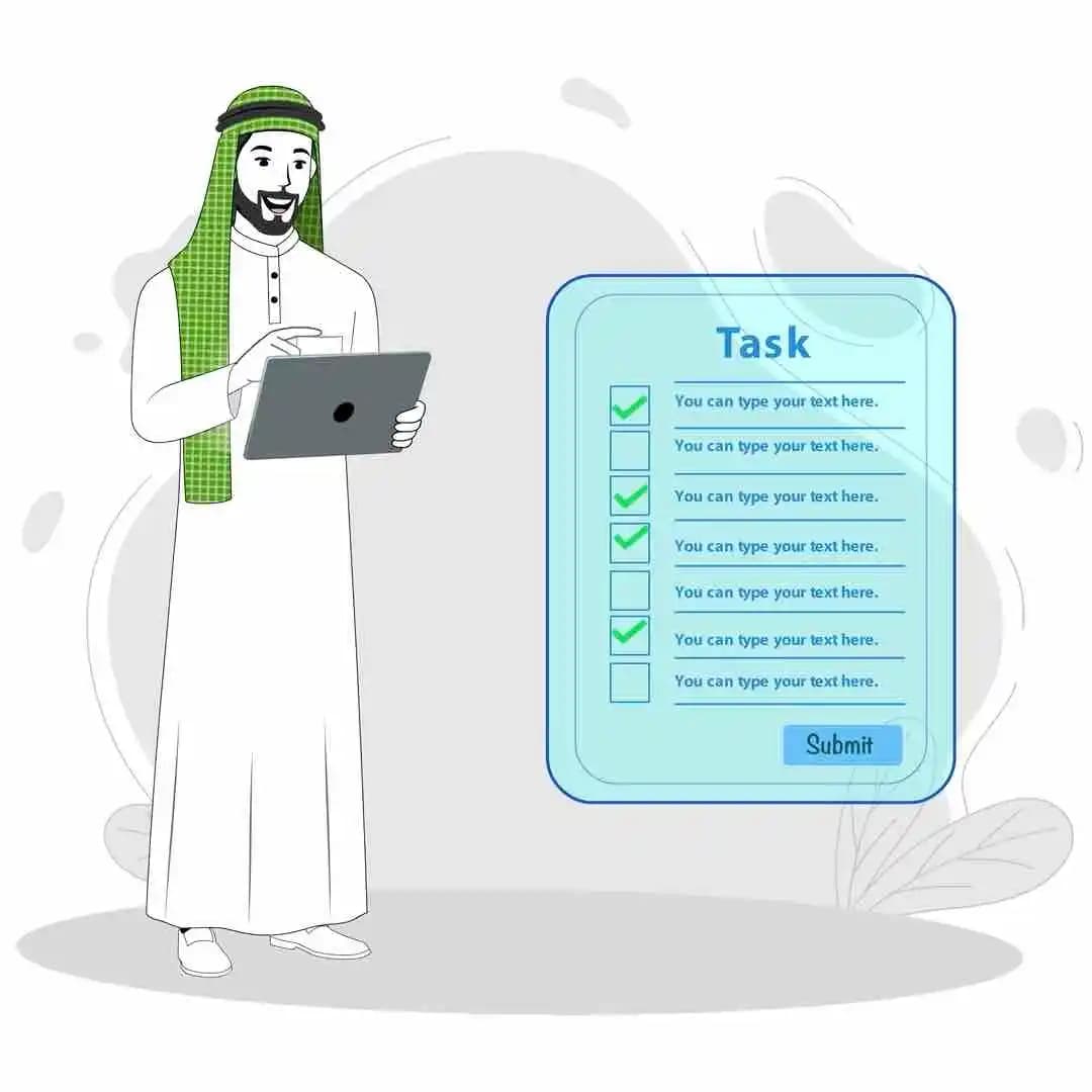 Arab Sheikh cartoon character holding tablet with task checklist