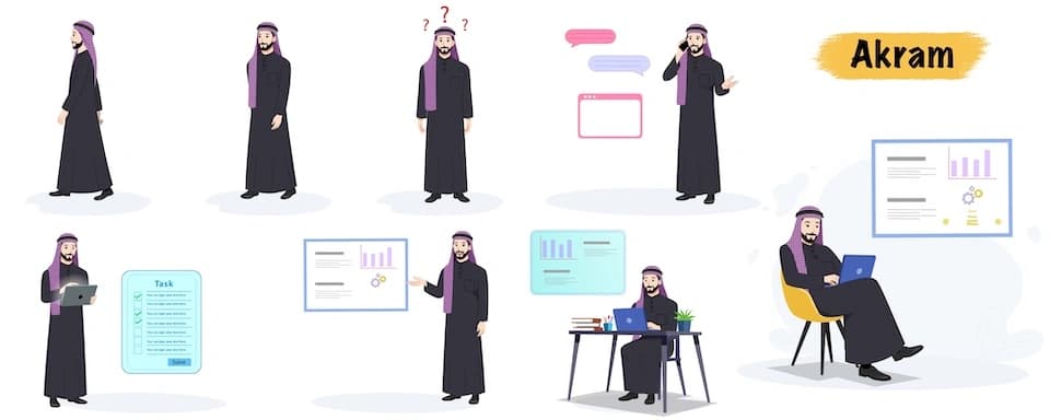 Handsome arab man animated vector character model sheet AKA Akram