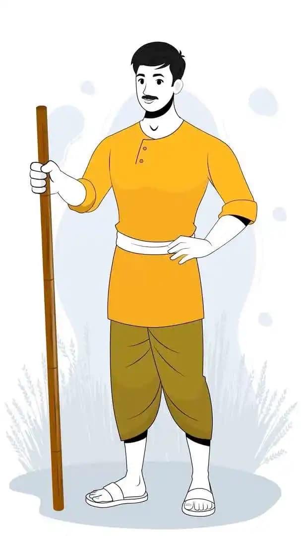 A cartoon village man 2d character standing with blackjack animated pose AKA Shankar